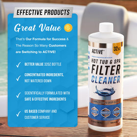 ACTIVE Spa Filter Cleaner made in USA label underscores trusted, American-made formula