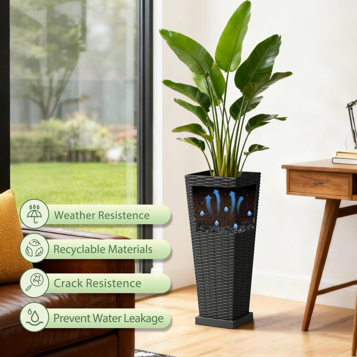 Acurax 24-inch planters with tray and drainage saucer prevent spills during watering.