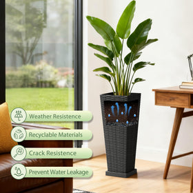 Acurax 24-inch planters with tray and drainage saucer prevent spills during watering.