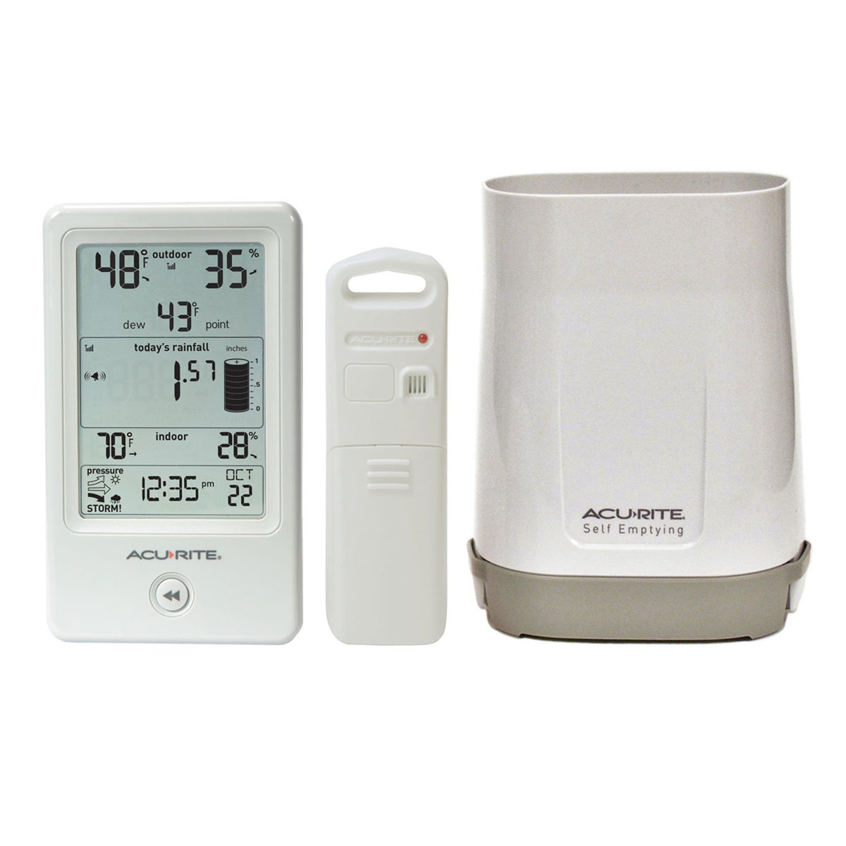 AcuRite 01089M rain gauge display showing rainfall and temperature at a glance
