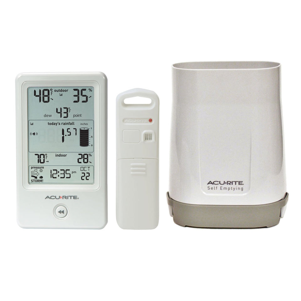 AcuRite 01089M rain gauge display showing rainfall and temperature at a glance