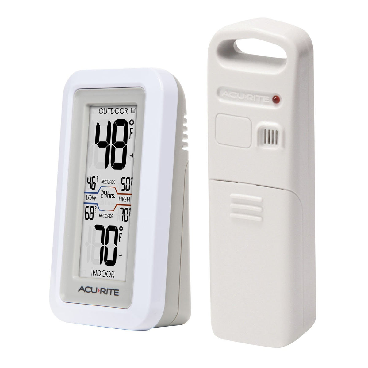 AcuRite outdoor sensor with wireless transmission captures accurate outdoor temps up to 165 feet