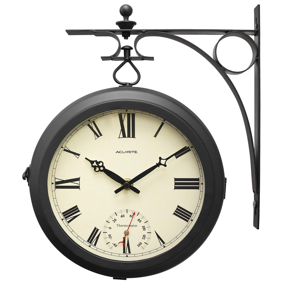 AcuRite 9-inch double-sided clock with glass lenses for clear viewing from any angle.