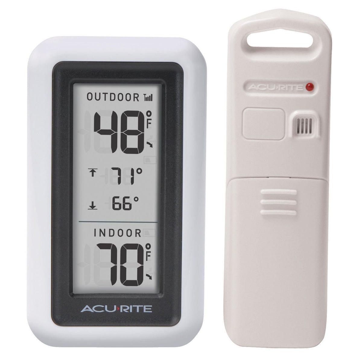 AcuRite indoor-outdoor thermometer display shows current temperature and trends.