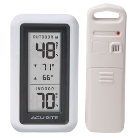 AcuRite indoor-outdoor thermometer display shows current temperature and trends.
