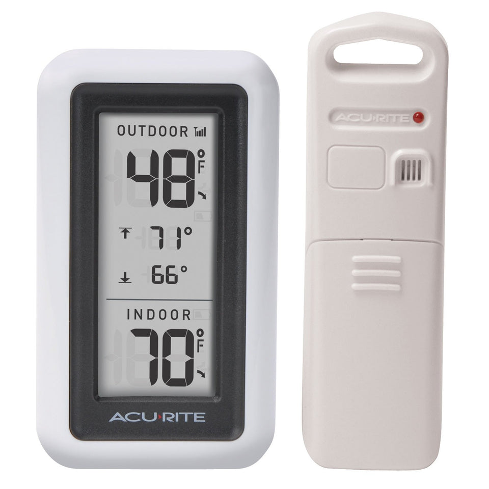 AcuRite indoor-outdoor thermometer display shows current temperature and trends.