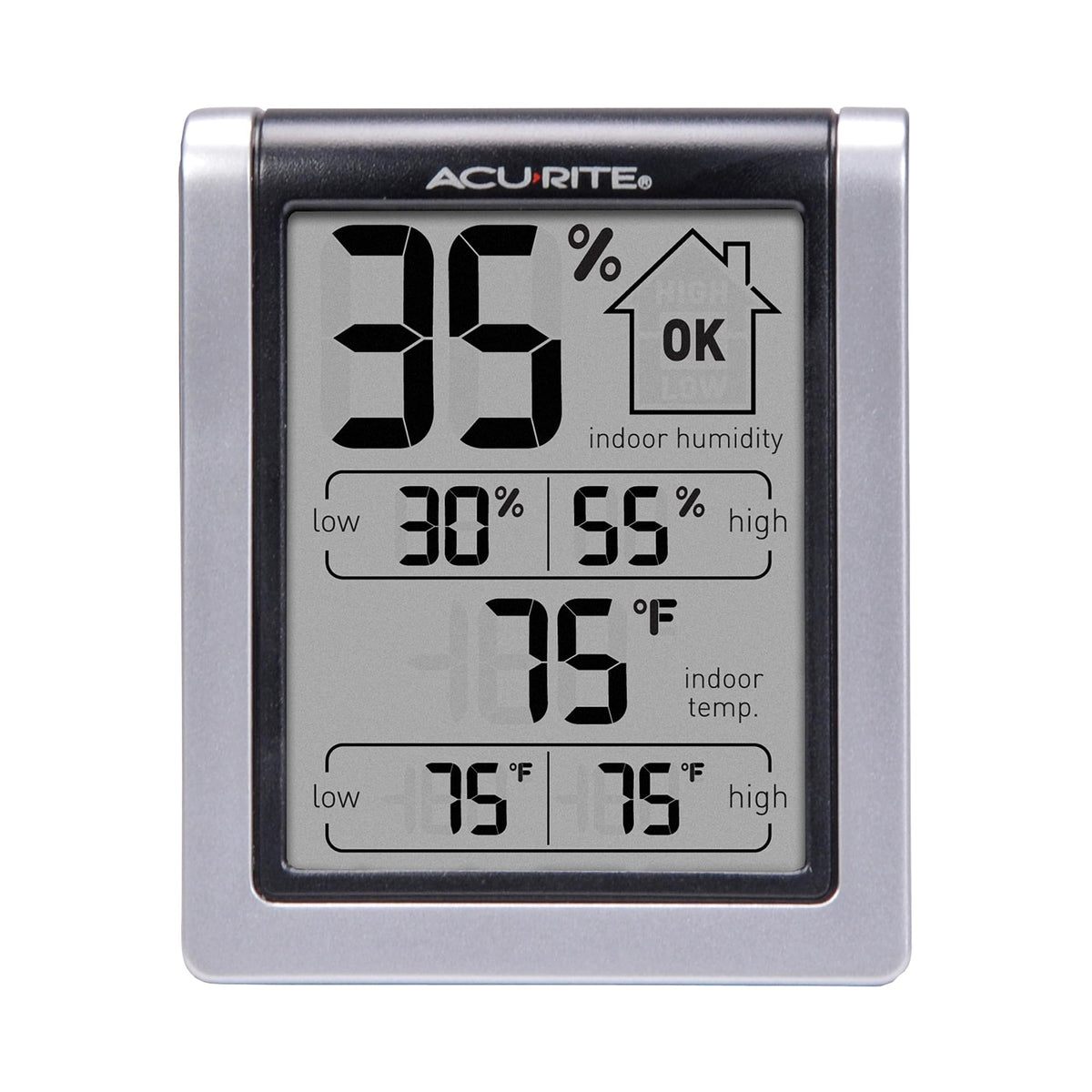 AcuRite indoor thermometer-hygrometer display shows current conditions for home comfort