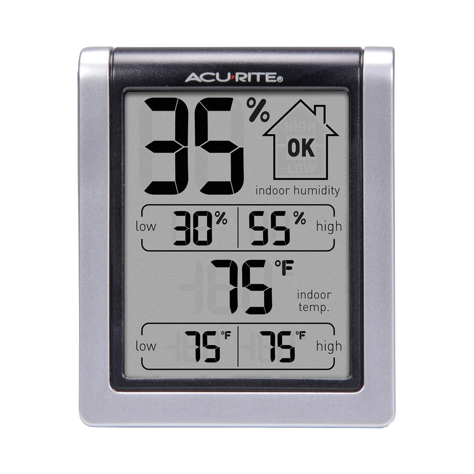 AcuRite indoor thermometer-hygrometer display shows current conditions for home comfort