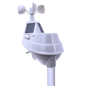 AcuRite Iris PRO+ rain gauge attachment outdoors with a display for rainfall monitoring.