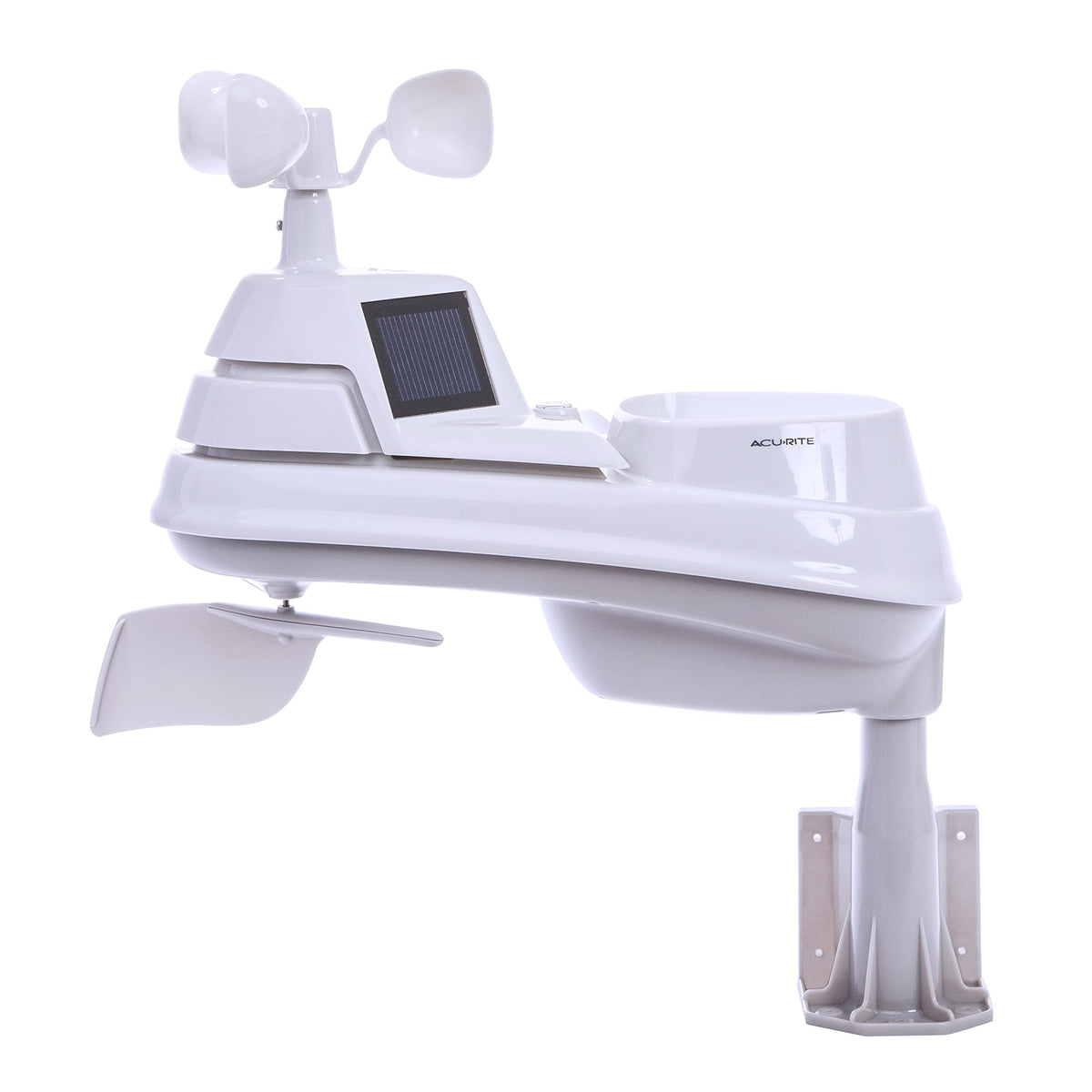 AcuRite Iris PRO+ weather sensor front view with dual solar panels for outdoor readings.
