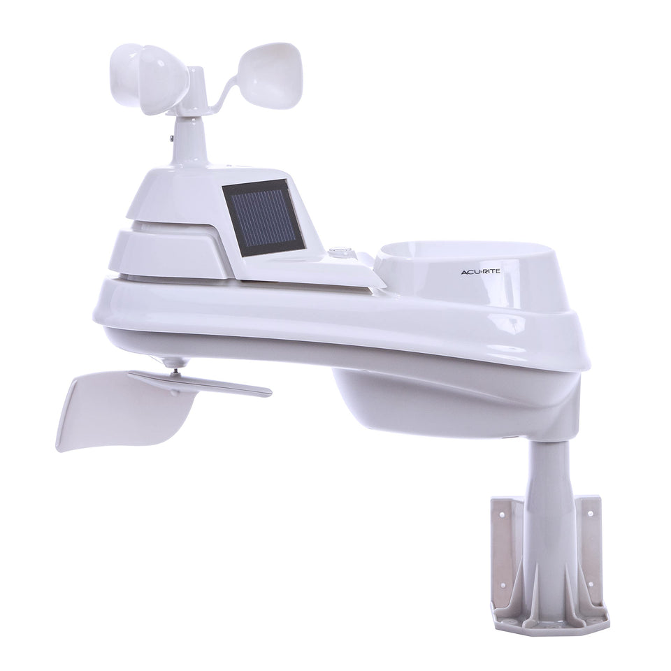 AcuRite Iris PRO+ weather sensor front view with dual solar panels for outdoor readings.
