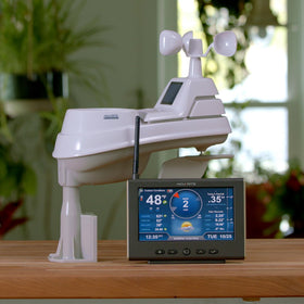 AcuRite Iris outdoor sensor mounted on a pole provides stable wireless readings