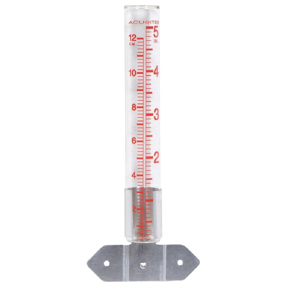 AcuRite rain gauge with glass tube and metal holder for precise garden rainfall measurement