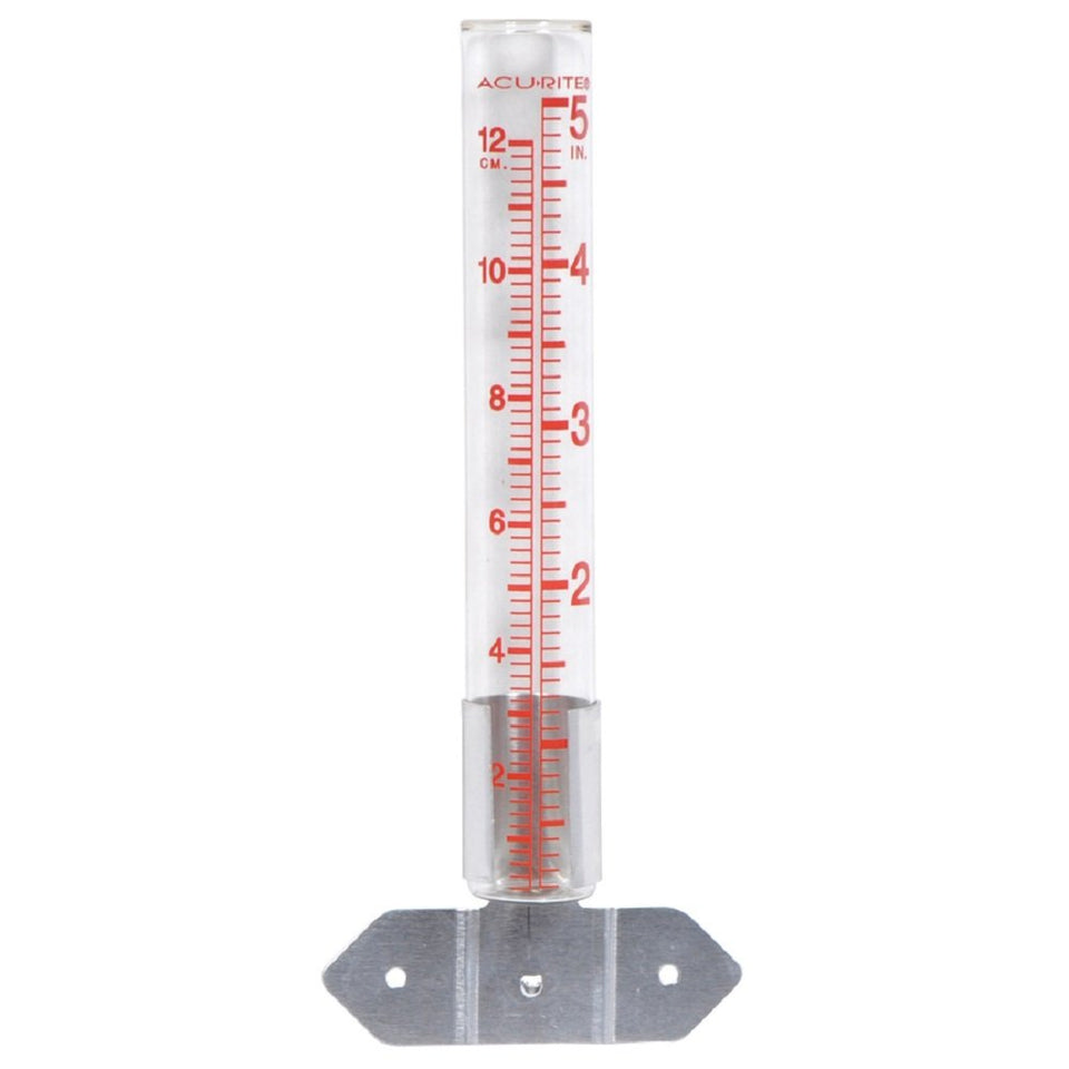 AcuRite rain gauge with glass tube and metal holder for precise garden rainfall measurement