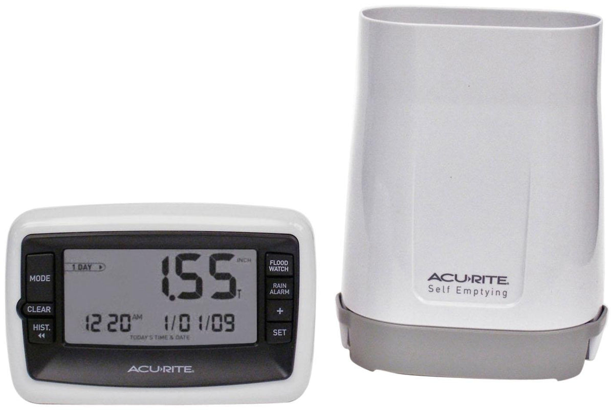Acurite rain gauge with self-emptying collector for garden rainfall tracking.