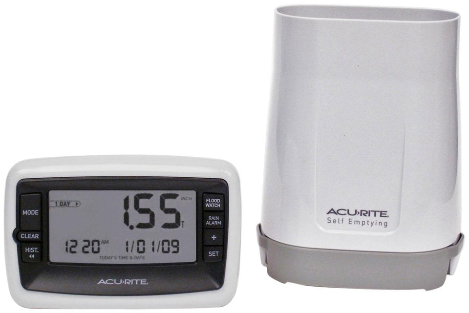 Acurite rain gauge with self-emptying collector for garden rainfall tracking.