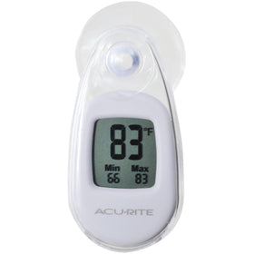 AcuRite suction cup window thermometer front view displays indoor and outdoor temperatures at a glance.