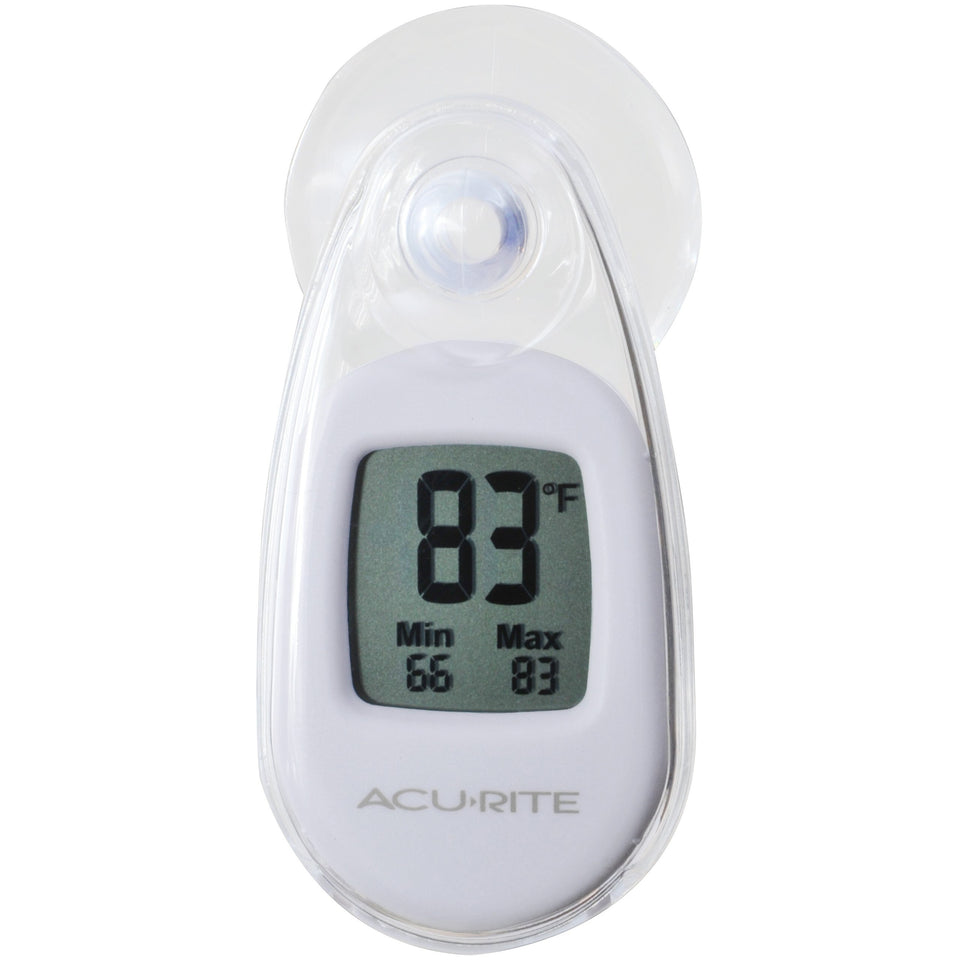 AcuRite suction cup window thermometer front view displays indoor and outdoor temperatures at a glance.