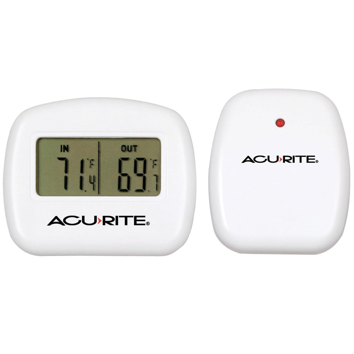 AcuRite wireless thermometer LCD display shows indoor and outdoor temperature for quick visibility.