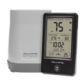 AcuRite wireless rain gauge in backyard monitors rainfall totals for actionable insights