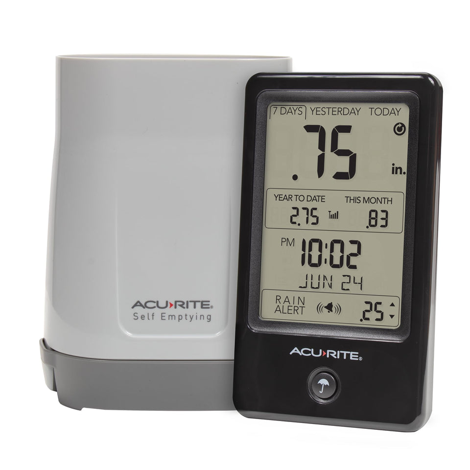 AcuRite wireless rain gauge in backyard monitors rainfall totals for actionable insights