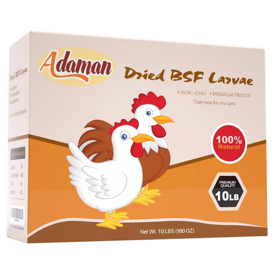 Adaman BSF larvae 10 lb bag highlighting high-protein poultry nutrition.
