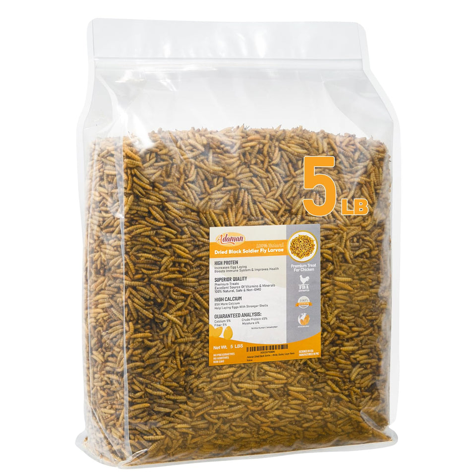 Adaman dried BSF larvae bag front highlighting calcium-rich poultry snack.