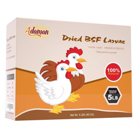 Adaman dried BSF larvae shown as poultry and pet feed.