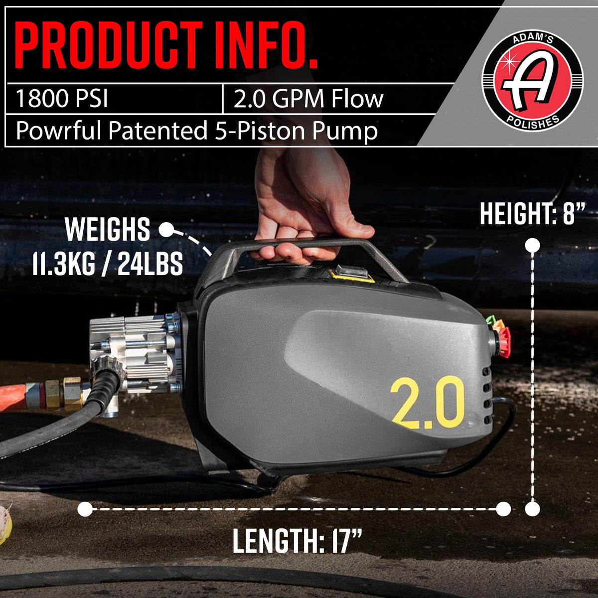 Adam's Polishes Active Pressure Washer 2.0 compact dimensions, fits tight spaces.