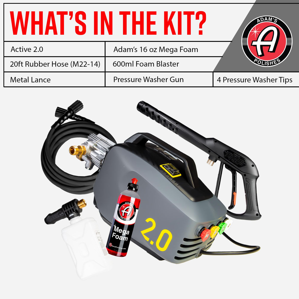 Adam's Polishes Active Pressure Washer 2.0 side view, lightweight setup for on-the-go washes.