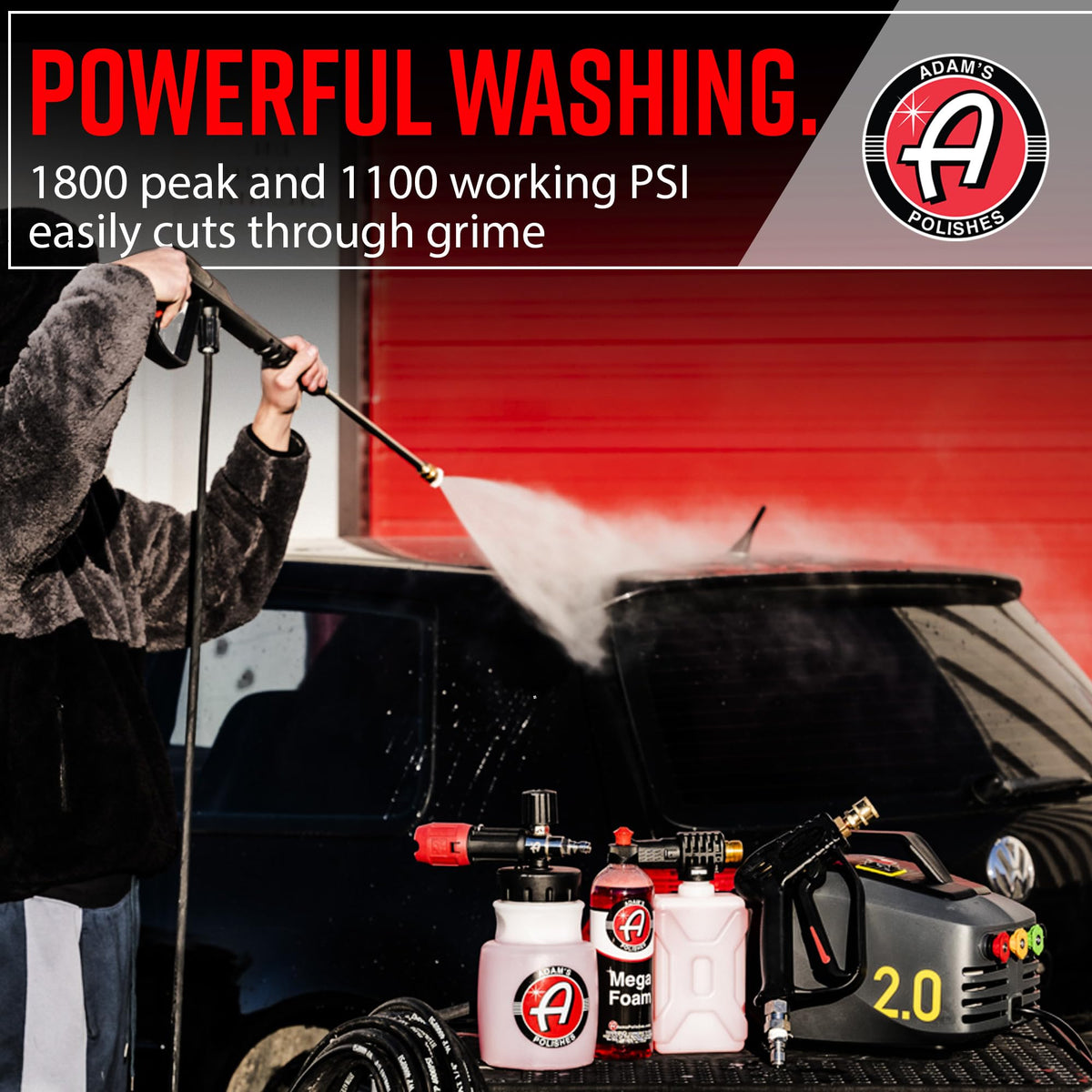 Adam's Polishes Mega Foam Car Soap in use, abundant suds for effective cleaning.