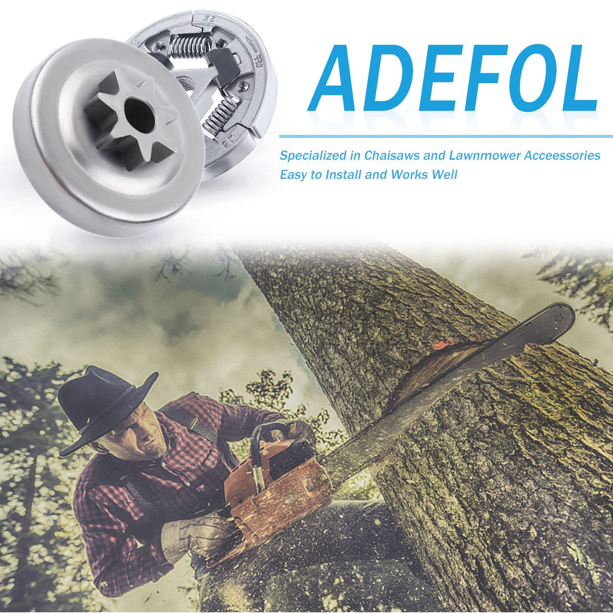 Adefol clutch assembly close-up showing integrated parts for reliable saw performance