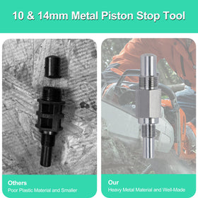 Adefol piston stop used with a trimmer for engine maintenance