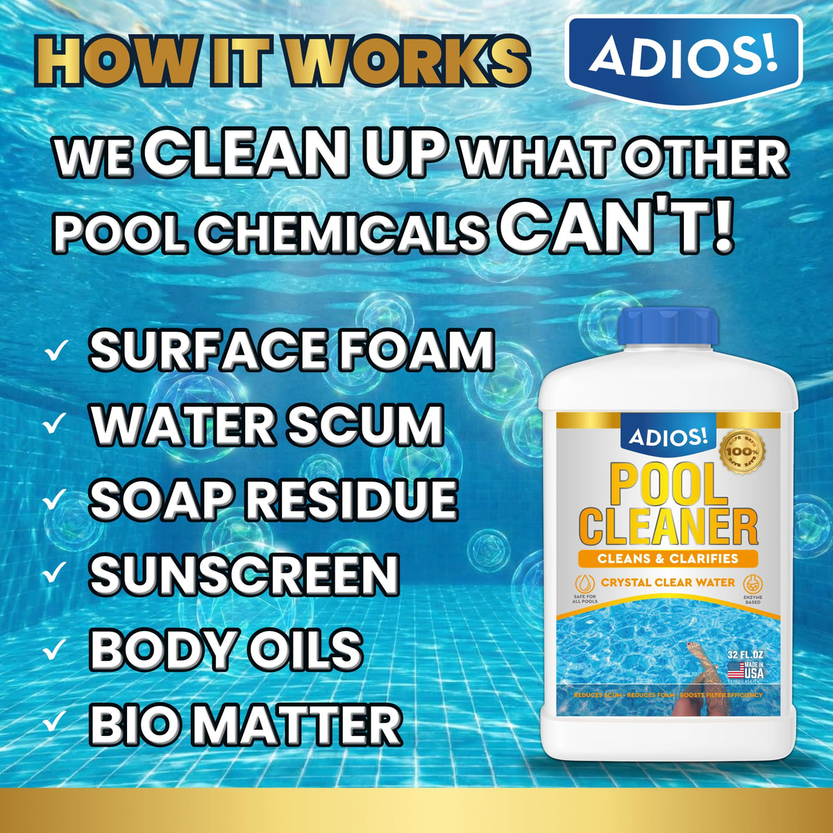 ADIOS! 20X bottle front view with compact pool care packaging