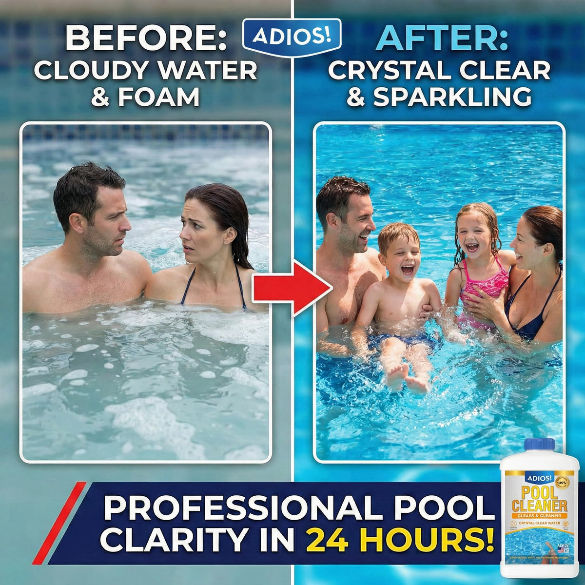 Cloudy water before and after ADIOS! 20X clarifier action