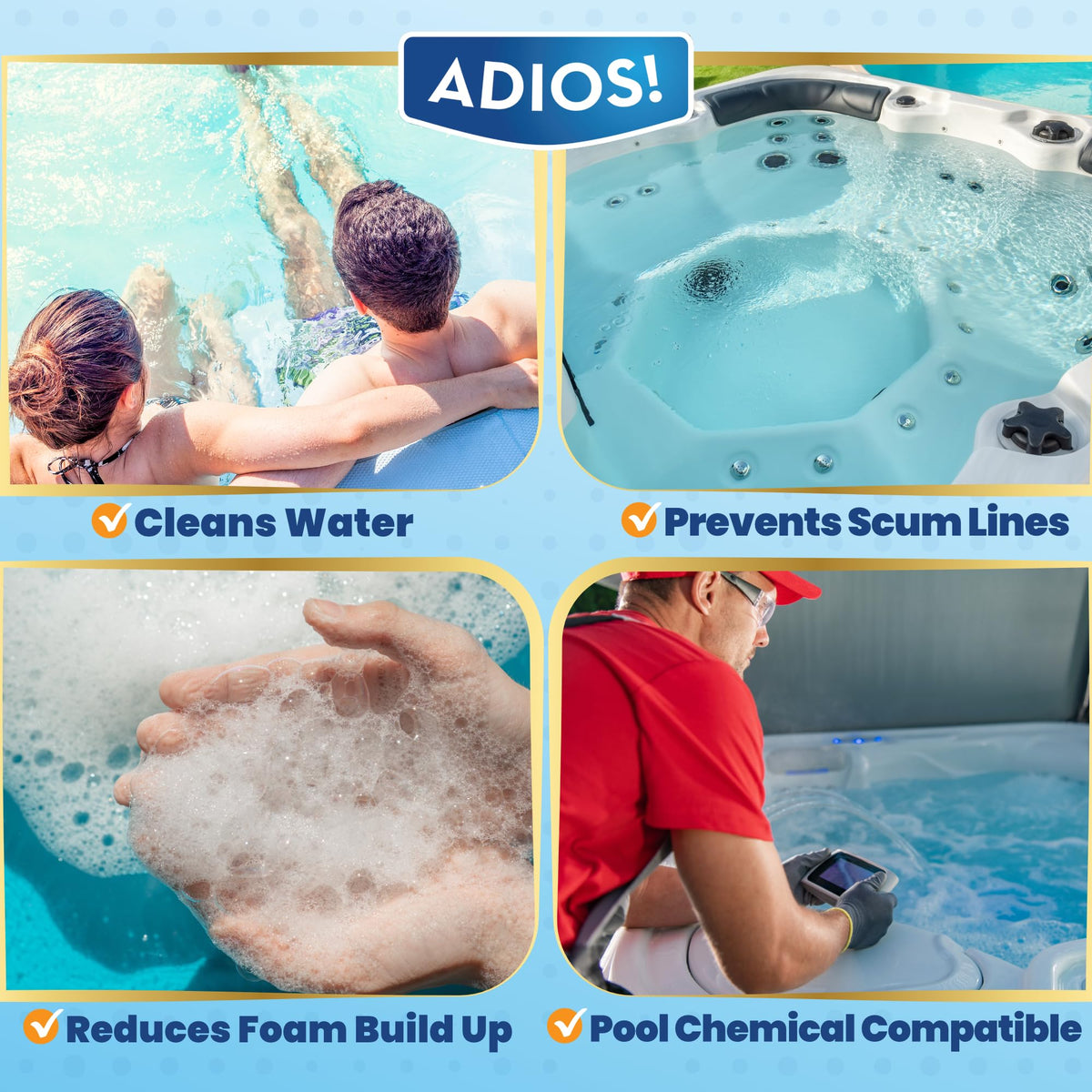 ADIOS! 3-in-1 Spa Cleaner closeup shows anti-foam performance.