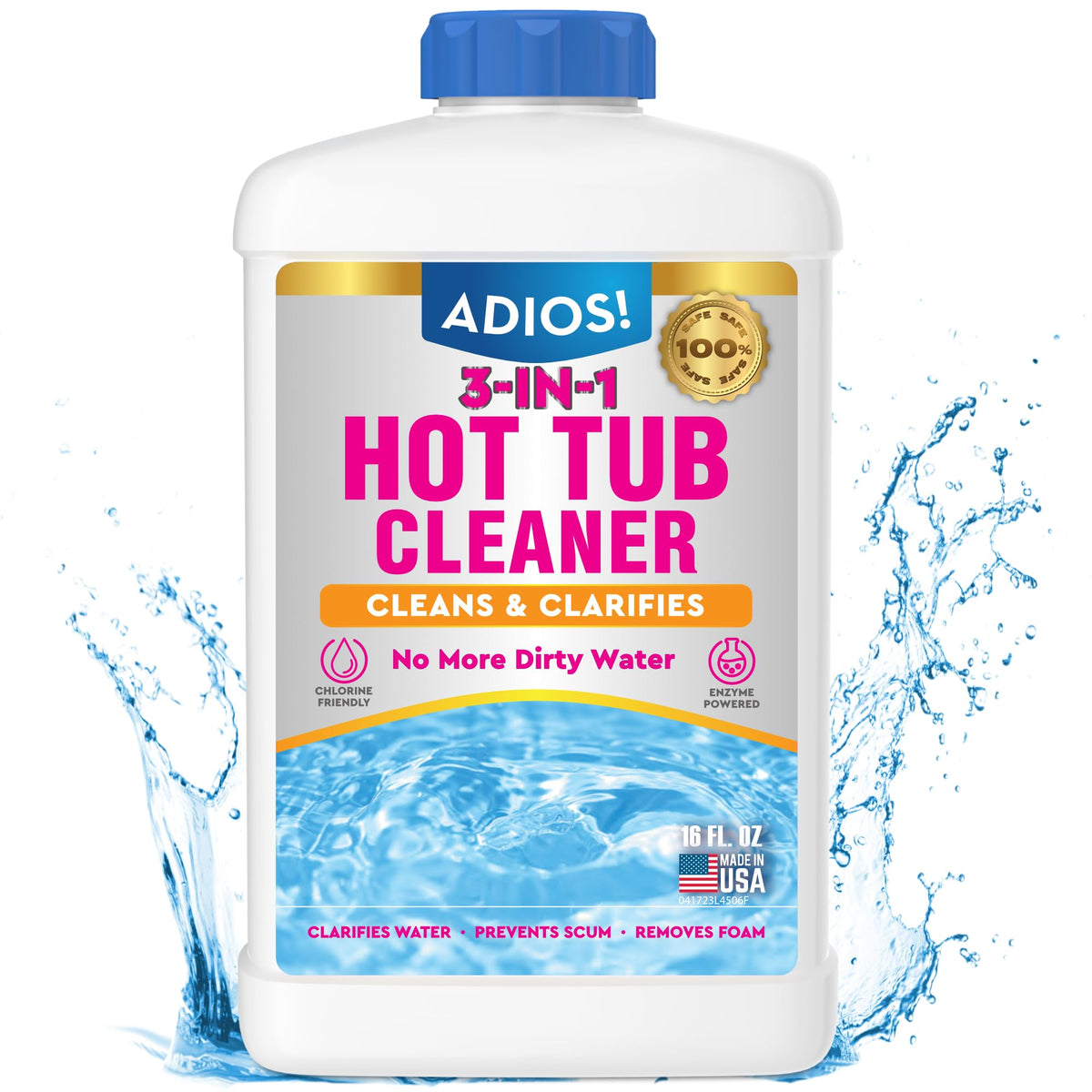 ADIOS! 3-in-1 Spa Cleaner bottle front, promoting clearer spa water and easier maintenance.