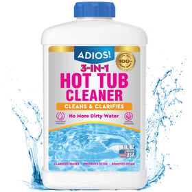 ADIOS! 3-in-1 Spa Cleaner bottle front, promoting clearer spa water and easier maintenance.