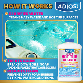 ADIOS! 3-in-1 Spa Cleaner label highlights safe, pH-neutral formula for sensitive skin.