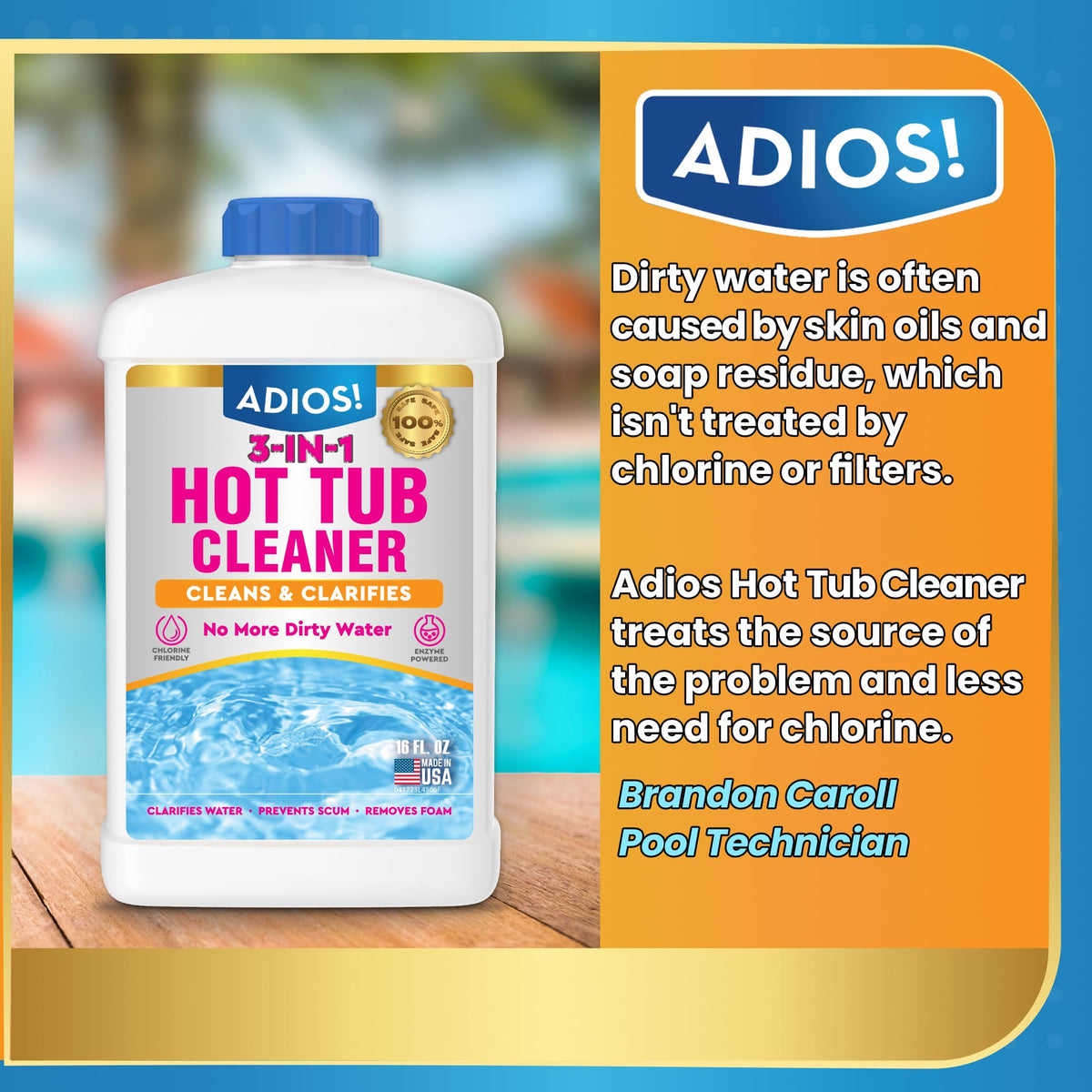 ADIOS! 3-in-1 Spa Cleaner ph-neutral tag emphasizes chemical compatibility with chlorine and bromine.