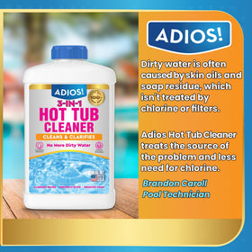 ADIOS! 3-in-1 Spa Cleaner ph-neutral tag emphasizes chemical compatibility with chlorine and bromine.