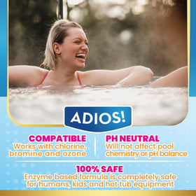 ADIOS! 3-in-1 Spa Cleaner pour action demonstrates fast dosing for foam control.