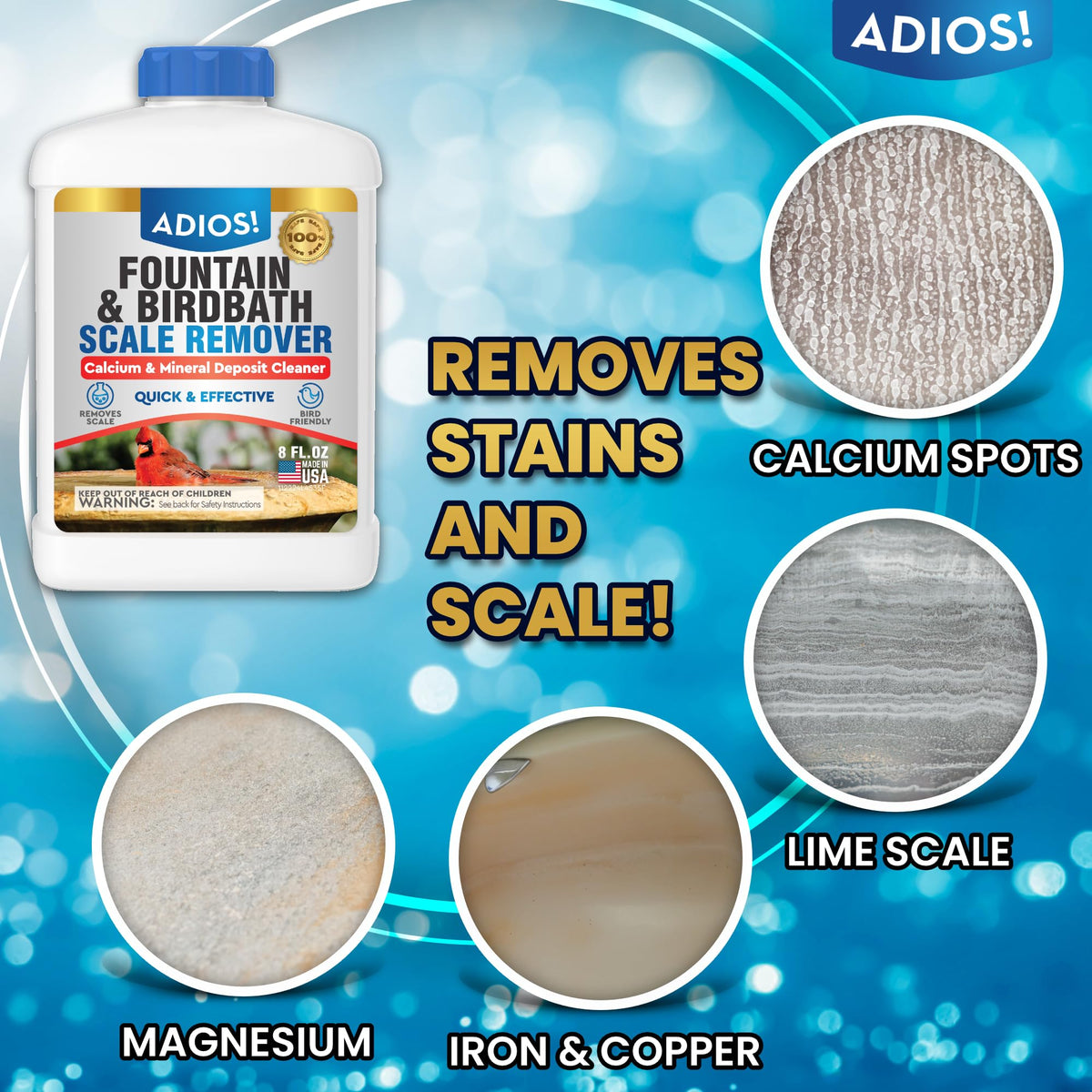 ADIOS! Before-and-after fountain cleaning shows dramatic lime scale removal.