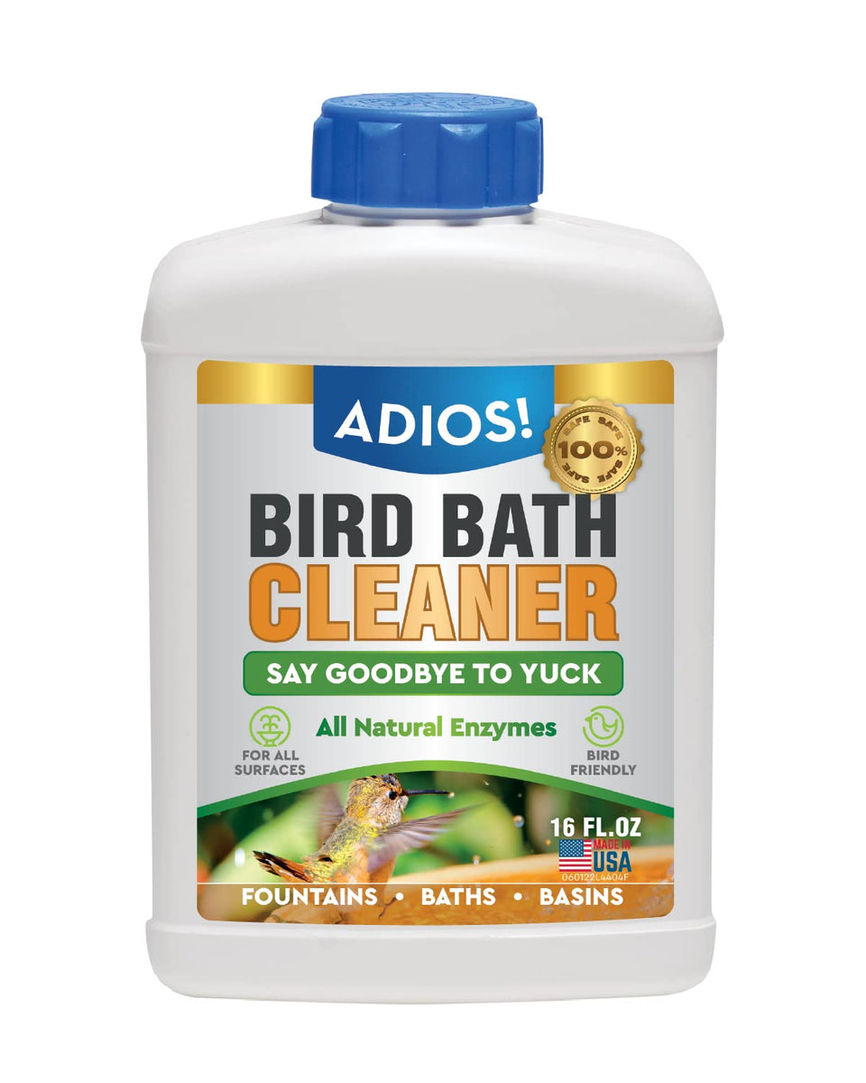 ADIOS! Bird Bath Cleaner bottle 16oz keeps outdoor water clean for birds.