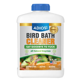 ADIOS! Bird Bath Cleaner bottle shot showing easy dosing for safe outdoor baths.