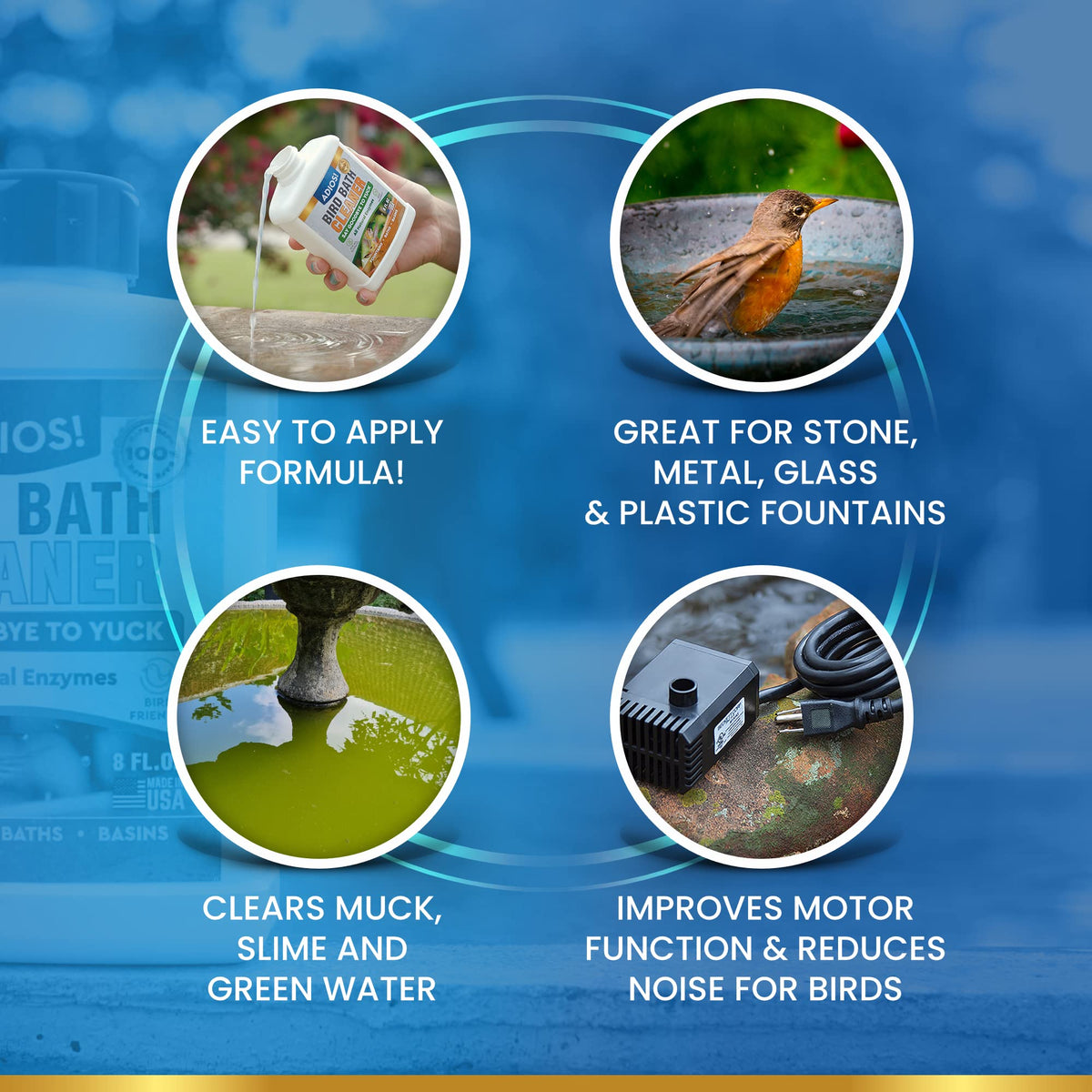ADIOS! Bird Bath Cleaner applied to a metal bath surface for cleanliness.