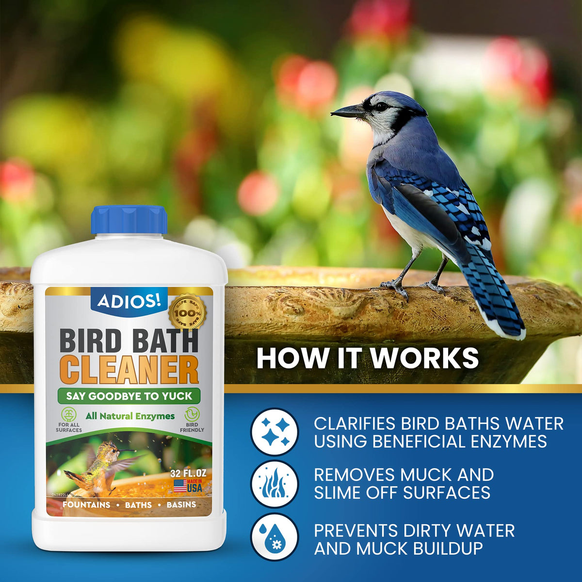 Pouring ADIOS! Bird Bath Cleaner into a bath for clear, algae-free water.