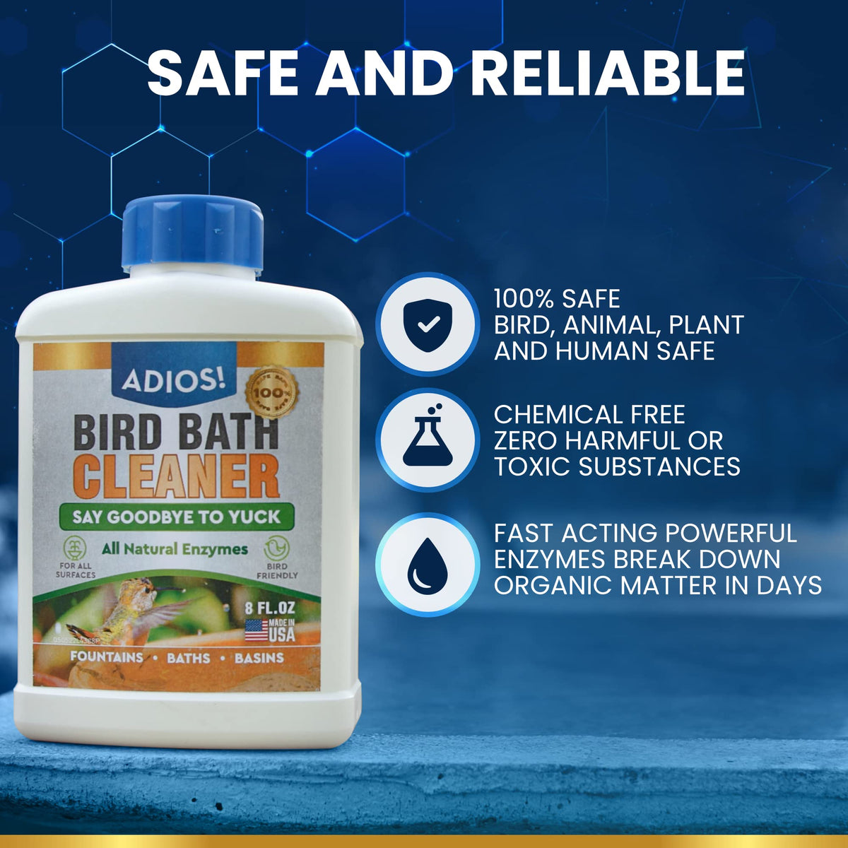 Water appears clear after ADIOS! Bird Bath Cleaner treatment in use.