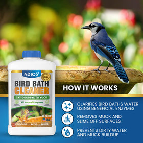 ADIOS! Bird Bath Cleaner being poured to clarify water and curb algae