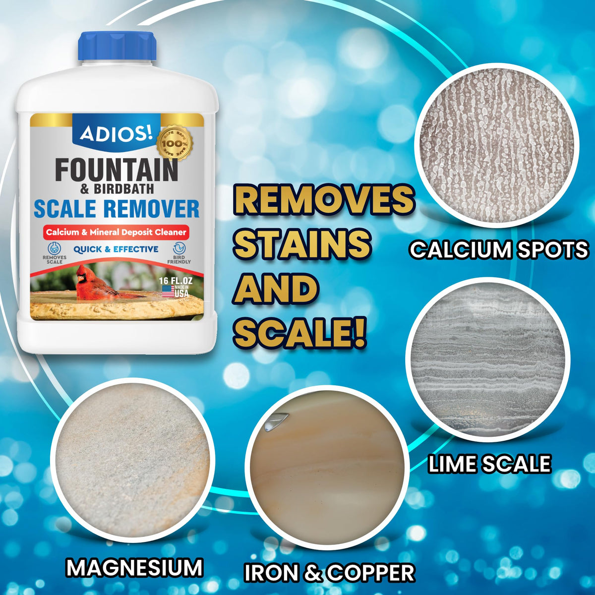 ADIOS! Birdbath Scale Remover cleans crusty deposits around a bird bath safely